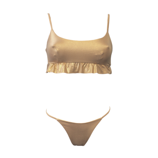 Bikini top canotta con rouches e Slip rouches oro